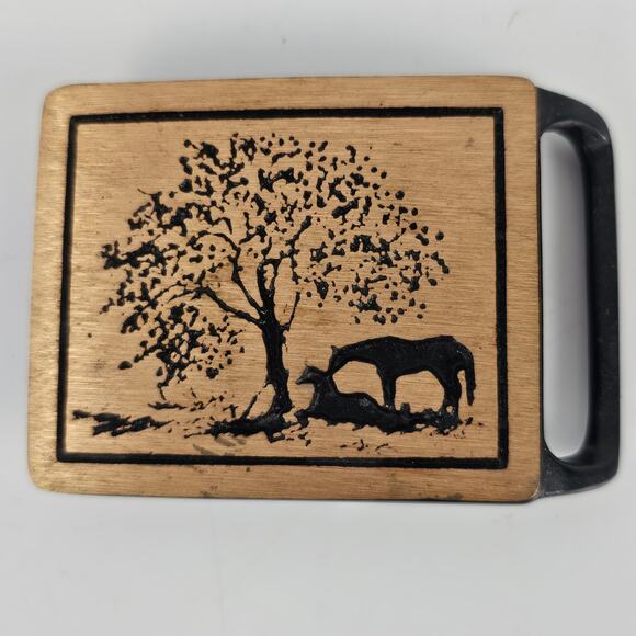 VTG 1975 Brass belt buckle Teck-Ether Guild Two Horses 2.25 x 2 5/8 - Picture 1 of 6